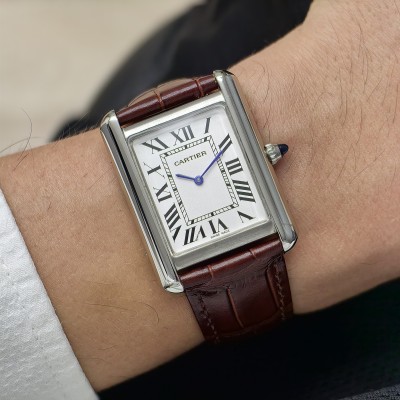 Cartier Tank Silver Siyah Kadran Kahverengi Deri Kordon