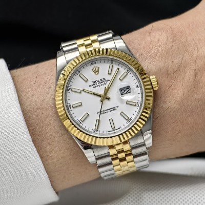 Rolex Datejust Beyaz Kadran Jubilee Kordon Tırtıklı Gold Bezel