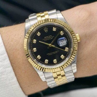 Rolex Datejust Siyah Diamond Kadran  Jubilee Kordon Tırtıklı Gold Bezel