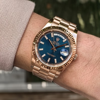 Rolex Day Date Rose Gold Baget Mavi Kadran President Bileklik