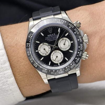 Rolex Daytona Silver Kasa Siyah Kadran Siyah Seramik Bezel Silikon kordon